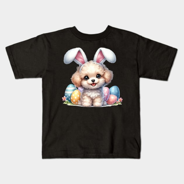 Puppy Poodle Bunny Ears Easter Eggs Happy Easter Day Kids T-Shirt by SuperMama1650